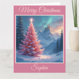 クリスマスのおとぎ話のお城とピンクの木 カード