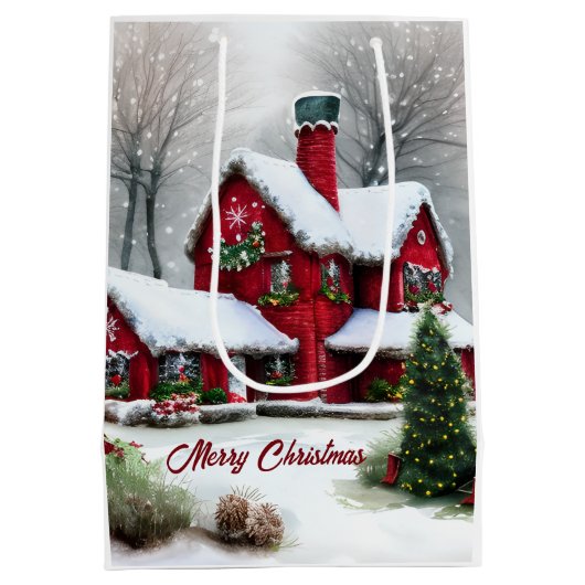 クリスマスのおとぎ話の風景 ミディアムペーパーバッグ (裏面)