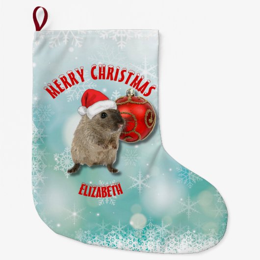 クリスマスのおもしろいなハムスターの雪片の赤いサンタの帽子 ラージクリスマスストッキング (正面)