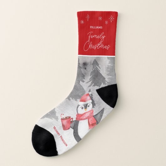 クリスマスのお母さんにぴったりのかわいいペンギンの家族 ソックス (左外側)