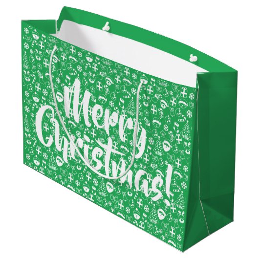 クリスマスのお気に入りグリーンサンタ小妖精や小人雪だるまサンタ ラージペーパーバッグ (裏面アングル)