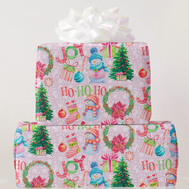 クリスマスのお気に入りピンク雪だるま水色 ラッピングペーパー