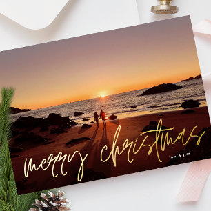 クリスマスのお祝いにゴールドの結婚式の報告の写真 箔シーズンカード