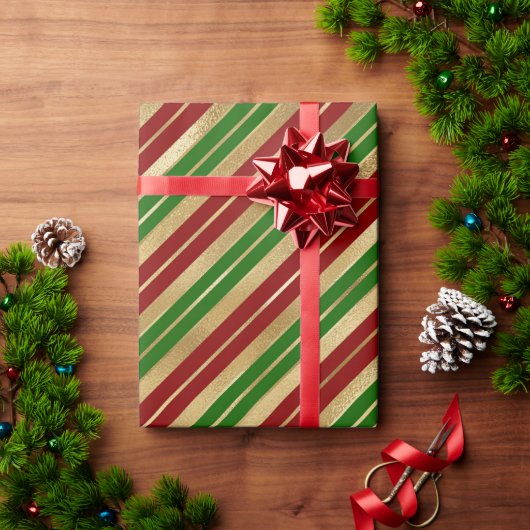 クリスマスのお祭りストライプ柄 赤+緑+ゴールド ラッピングペーパー (クリスマスギフト)