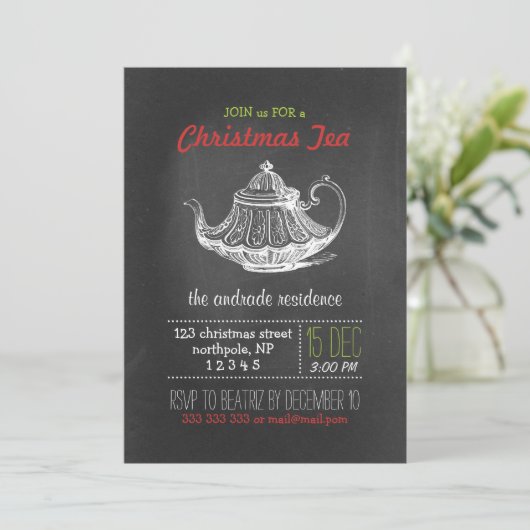 クリスマスのお茶会のヴィンテージの黒板のティーポットの赤 招待状 (スタンド正面)