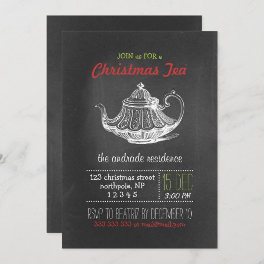 クリスマスのお茶会のヴィンテージの黒板のティーポットの赤 招待状 (正面/裏面)