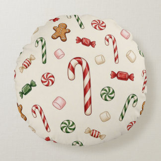 クリスマスのお菓子とキャンディケーン、ベージュの背景 ラウンドクッション