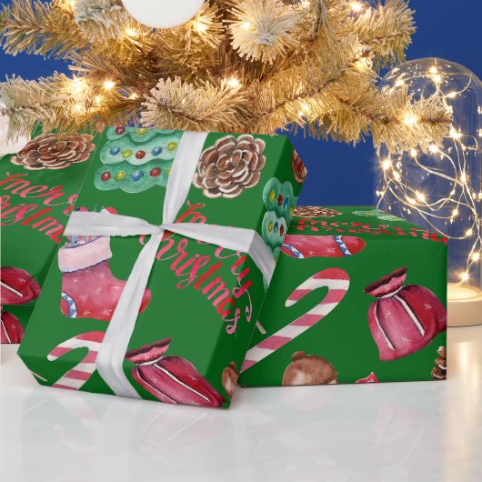 クリスマスのお菓子とグリーンの装飾 ラッピングペーパー (クリスマス)