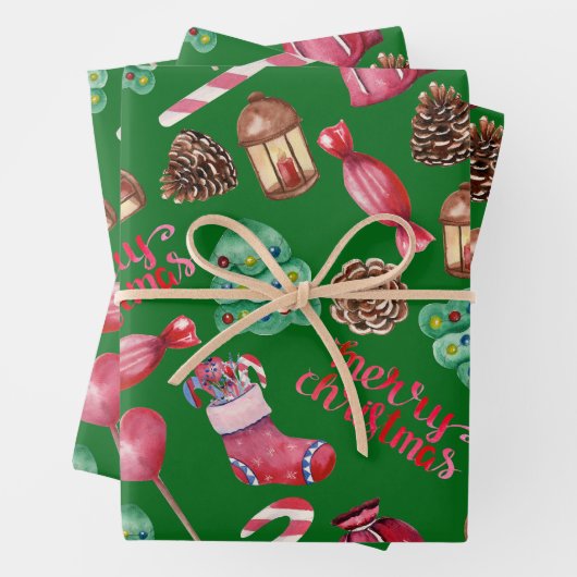 クリスマスのお菓子と装飾グリーン ラッピングペーパーシート (インサイチュ)