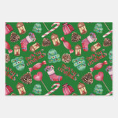 クリスマスのお菓子と装飾グリーン ラッピングペーパーシート (正面)