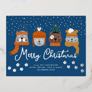 クリスマスのかわいい猫たちが雪の青で知り合う 箔シーズンポストカード