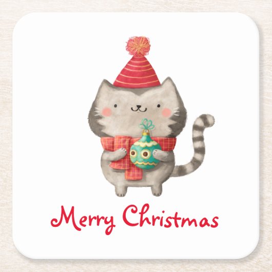 クリスマスのかわいい猫 スクエアペーパーコースター (正面)