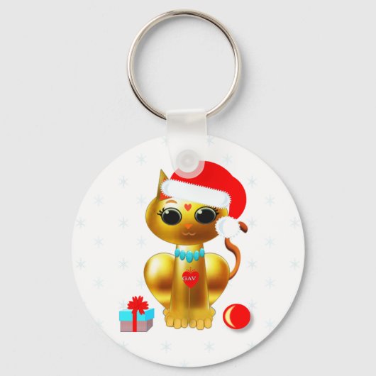 クリスマスのかわいい金色の子猫の漫画 キーホルダー (正面)