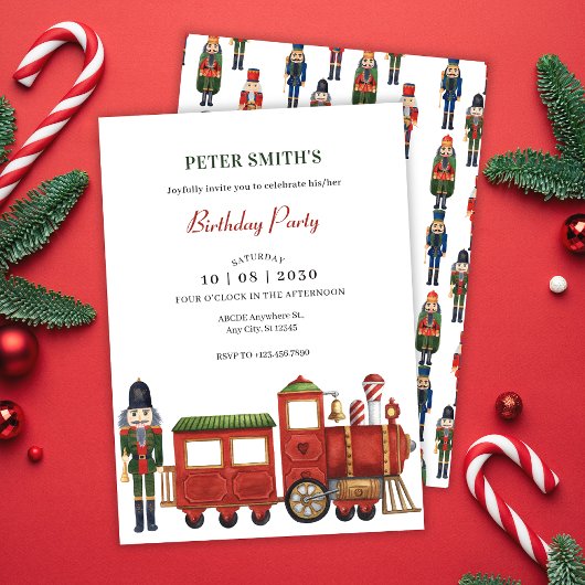 クリスマスのくるみ割り人形と列車の誕生日クリスマス 招待状