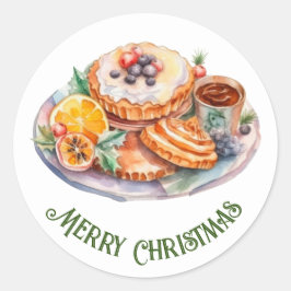 クリスマスのごちそう 水彩画 ラウンドシール