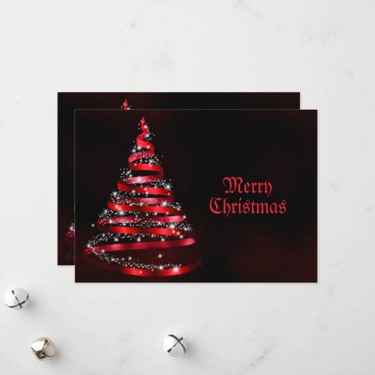 クリスマスのご挨拶 光沢のある赤いリボンのツリーの輝き シーズンカード (正面/裏面インサイチュ)