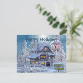 クリスマスのご挨拶 冬の雪だるま ブルーなレトロ風 ポストカード (スタンド正面)
