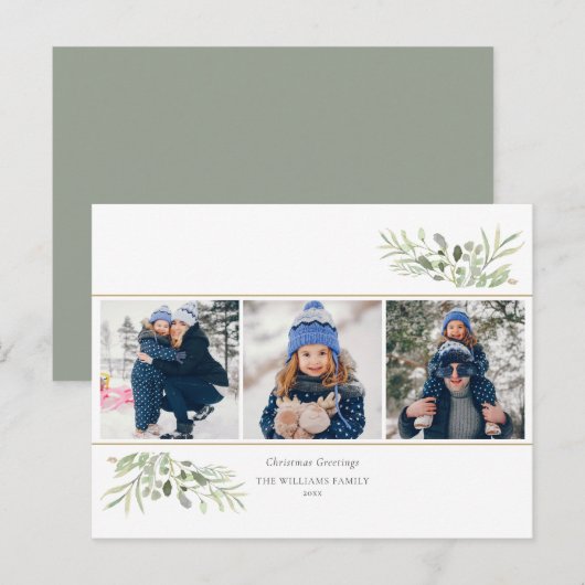 クリスマスのご挨拶 3枚の写真 グリーンがかったモダン シーズンポストカード (正面/裏面)