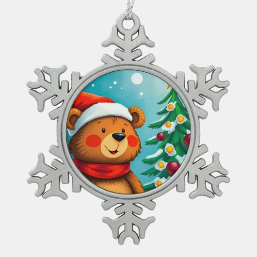 クリスマスのそばのサンタハットに可愛い飾熊|過去記事 スノーフレークピューターオーナメント (正面)