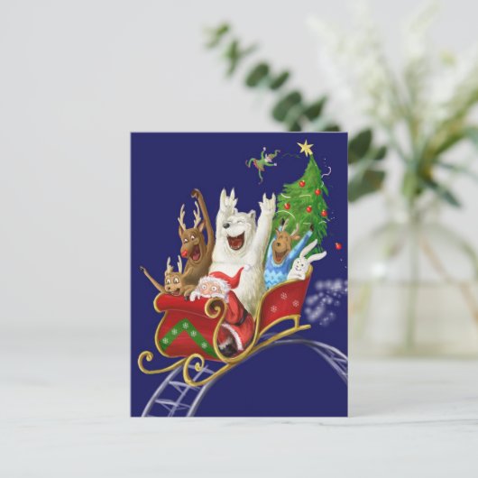 クリスマスのそりおもしろいなデジタル引くサンタクロース シーズンポストカード (スタンド正面)