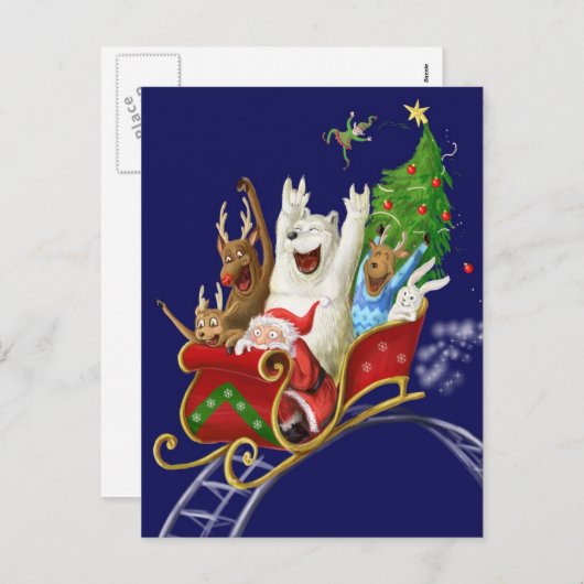 クリスマスのそりおもしろいなデジタル引くサンタクロース シーズンポストカード (正面/裏面)