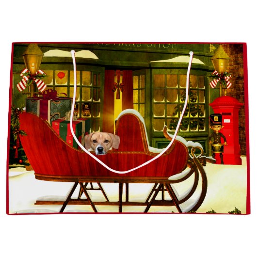 クリスマスのそりのビーグル犬 ラージペーパーバッグ (正面)