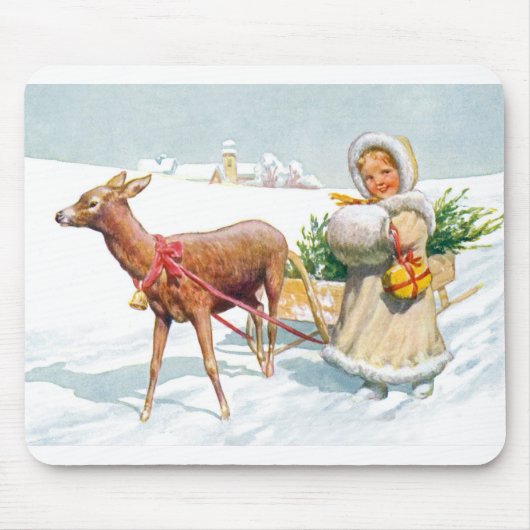 クリスマスのそりを持つ女の子 マウスパッド (正面)