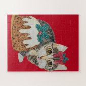 クリスマスのために可愛いグレーの虎猫子猫の前足をなめる ジグソーパズル (横)