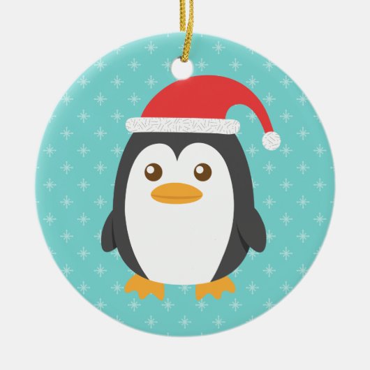 クリスマスのためのサンタの帽子を持つかわいく小さいペンギン セラミックオーナメント (正面)