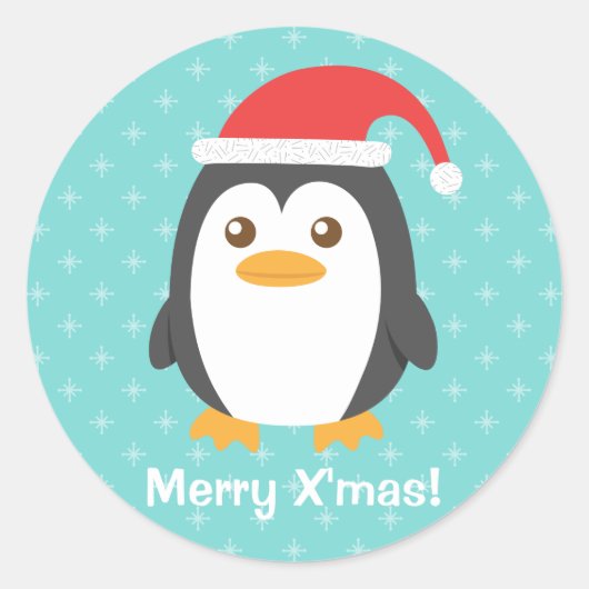 クリスマスのためのサンタの帽子を持つかわいく小さいペンギン ラウンドシール (正面)