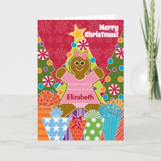 クリスマスのためのジンジャーブレッドの女の子は名前を加えます シーズンカード (正面)