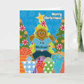 クリスマスのためのジンジャーブレッドの男の子は名前を加えます シーズンカード (正面)