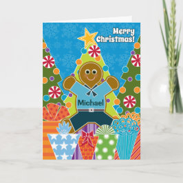 クリスマスのためのジンジャーブレッドの男の子は名前を加えます シーズンカード