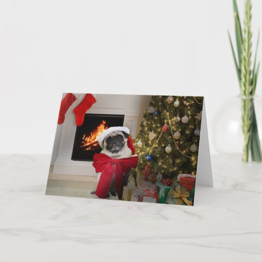 クリスマスのための弓だけ身に着けているパグMisha シーズンカード (正面)