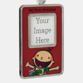 クリスマスのための弓で包まれたなベビー シルバープレートフレームオーナメント (右)