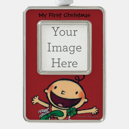 クリスマスのための弓で包まれたなベビー シルバープレートフレームオーナメント (正面)