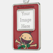 クリスマスのための弓で包まれたなベビー シルバープレートフレームオーナメント (左)