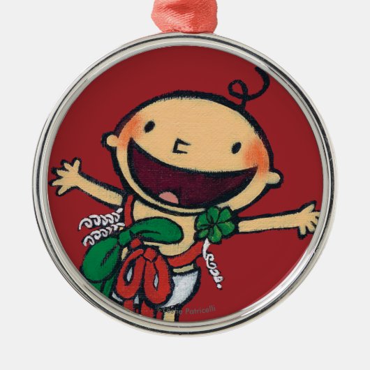 クリスマスのための弓で包まれたなベビー メタルオーナメント (正面)