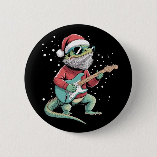 クリスマスのひげドラゴン ギター演奏 ミュージシャン 缶バッジ (正面)