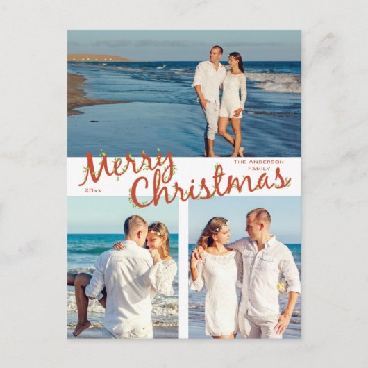クリスマスのもみの木と3枚の写真 ホリデー ポストカード (正面)