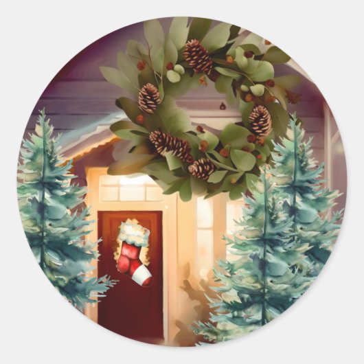 クリスマスのもみの木のシーン ラウンドシール (正面)