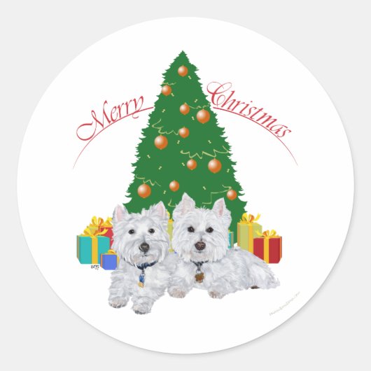 クリスマスのもみの木の前のウェスティ ラウンドシール (正面)
