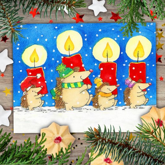 クリスマスのろうそくとハリネズミ ポストカード