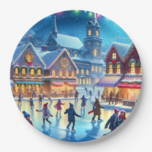 クリスマスのアイススケートのシーン ペーパープレート (正面)