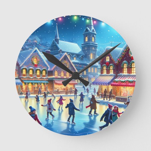 クリスマスのアイススケートのシーン ラウンド壁時計 (正面)