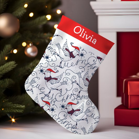 クリスマスのアイススケートの鳥のモノグラム スモールクリスマスストッキング