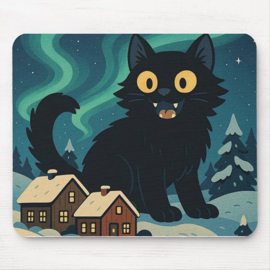 クリスマスのアイスランドのユールキャットとオーロラ マウスパッド (正面)
