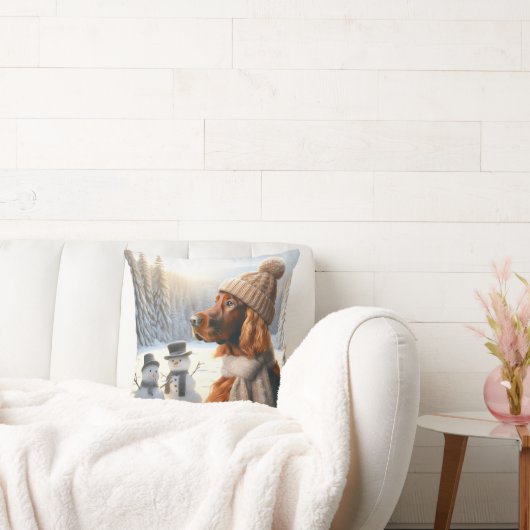 クリスマスのアイリッシュセッターと雪だるま クッション (ソファ)