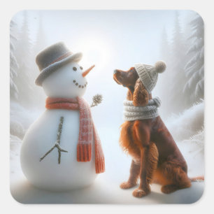クリスマスのアイリッシュセッターと雪だるま スクエアシール