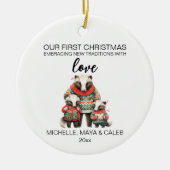クリスマスのアナグマの家族3人 セラミックオーナメント (正面)